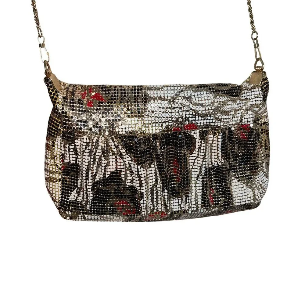 Vintage Womens Clutch Bag Multicolor Chain Mesh Rose Pattern Convertible